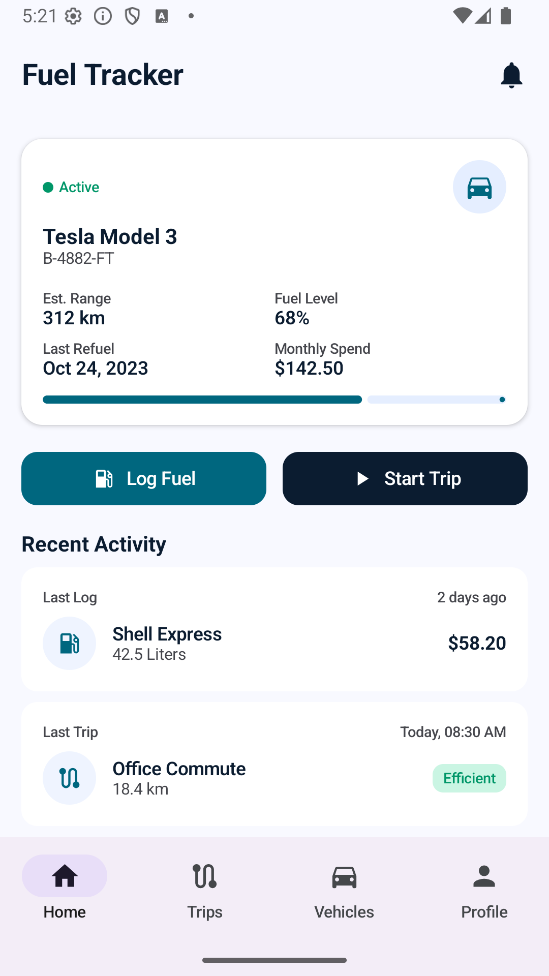 Fuel Log vehicles screen