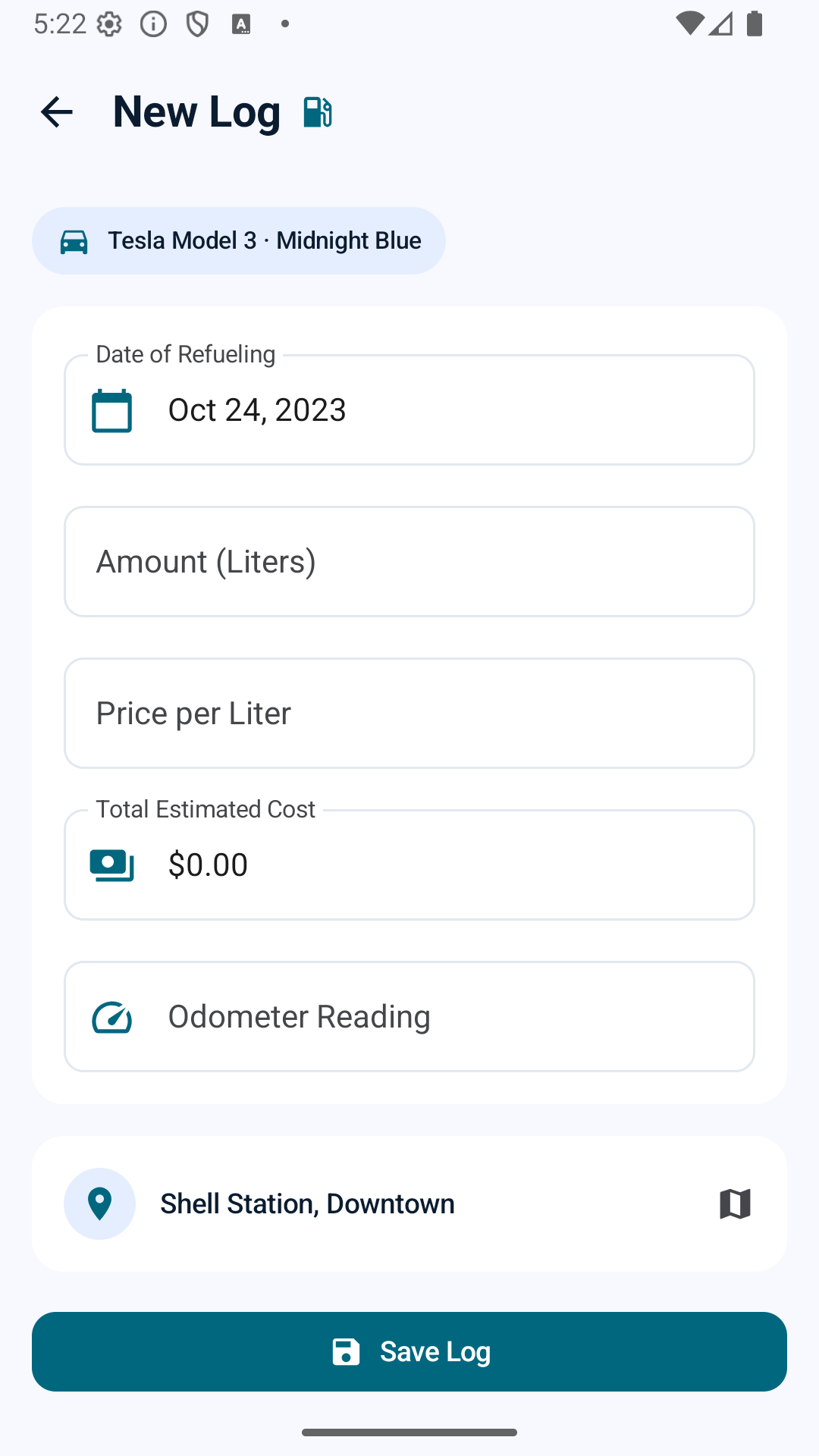 Fuel Log trip tracking screen
